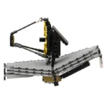A brick toy model of a telescope with black, yellow, and gray components.