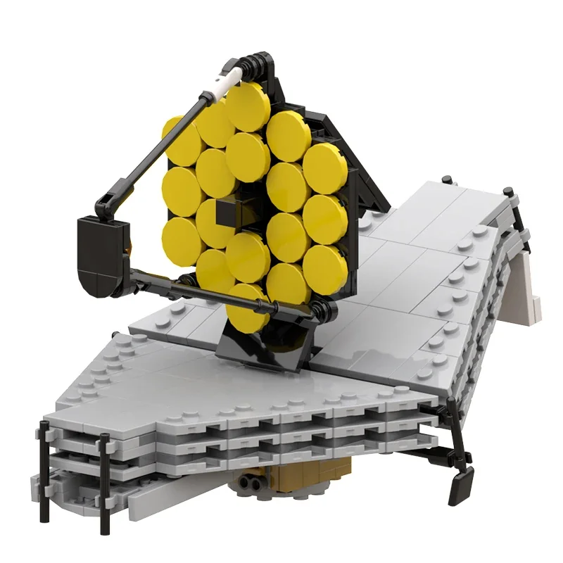 A toy model of a space telescope with a yellow segmented mirror and gray base.