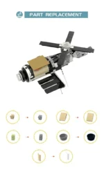 A toy space station model with black and tan pieces and a part replacement guide.