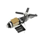 A toy satellite with black and white sections, a tan panel, and black solar panels.