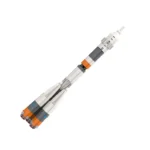 A toy rocket with white, gray, and orange sections is displayed.
