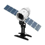 A toy satellite with two solar panels is positioned on a black stand.