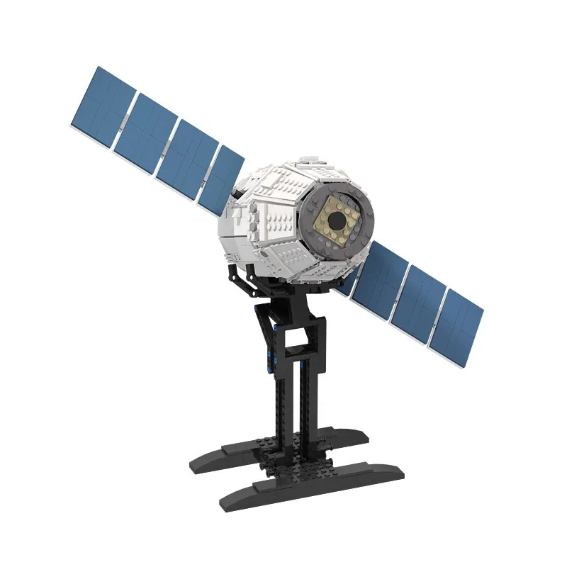 A toy satellite with two blue solar panels is mounted on a black stand.