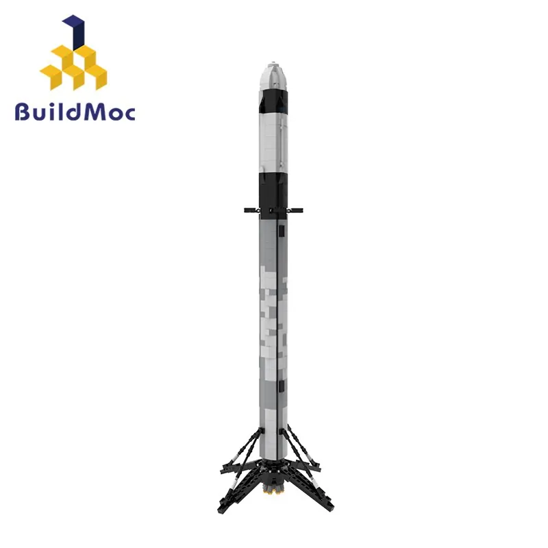 A toy rocket with a gray and white body and black landing legs.