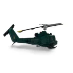 A green toy helicopter with black and yellow rotor blades.