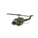 A green toy helicopter with black rotor blades and a yellow tip is visible.