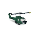 A toy helicopter with rotating blades, constructed from green toy bricks.