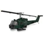 A dark green toy helicopter with rotating blades is displayed.
