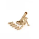 A tan toy mortar with six matching missiles are on a white surface.
