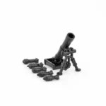 A black toy mortar with six projectiles.