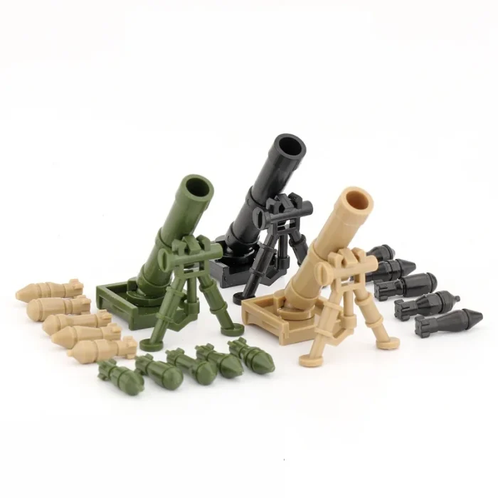 Three toy mortars with several projectiles are displayed.