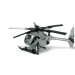 A gray toy helicopter with black rotors and a black weapon attached to the side.