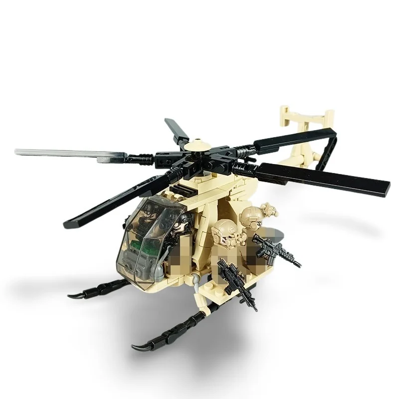 A tan and black toy helicopter with three figures holding rifles.