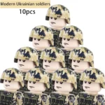 Ten toy figures wearing camouflage helmets and clothing are arranged in a pyramid formation.