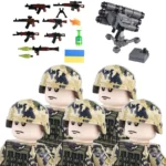 Five toy figures with camouflage helmets and vests, along with various toy weapons and a Ukrainian flag.