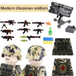 Two toy figures with camouflage helmets and vests, along with toy weapons, a rocket launcher, a flag, and a green bottle.