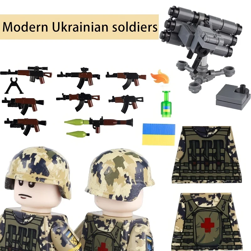 Two toy figures with camouflage helmets and vests, along with toy weapons, a rocket launcher, a flag, and a green bottle.