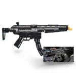 A toy gun constructed from black and gray building blocks with blue accents is displayed.