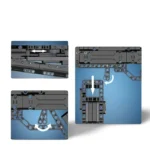 Three images show assembly steps of black toy bricks with white arrows indicating movement.