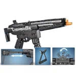 A black and gray toy gun with an orange tip is displayed along with three smaller images showing its features.
