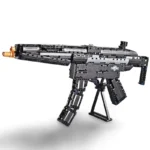 A black toy gun with a stand is displayed.
