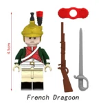 A toy soldier figure with a yellow helmet, green and red jacket, and a brown rifle and gray sword.