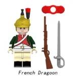 A toy figure wearing a green and red uniform with a helmet, a brown rifle, a gray sword, and a red accessory.