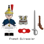 A toy figure with a helmet, a grey breastplate, a red accessory, a sword, and a gun.