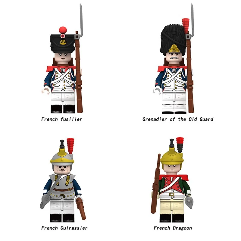 Four toy soldiers in different uniforms and hats are holding rifles or a pistol.