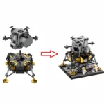 A brick toy set shows the transformation of a lunar lander from separate modules to a complete model with two figures.