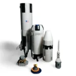 A toy rocket with multiple stages and two small lunar vehicles are displayed.