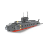 A gray toy submarine with a red stripe and two antennas.