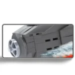 Gray brick toy vehicle with a silver wheel is shown moving through water.