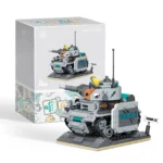 A gray tank toy with a yellow bird on top and a sign that reads "Panzer III" is next to a box.