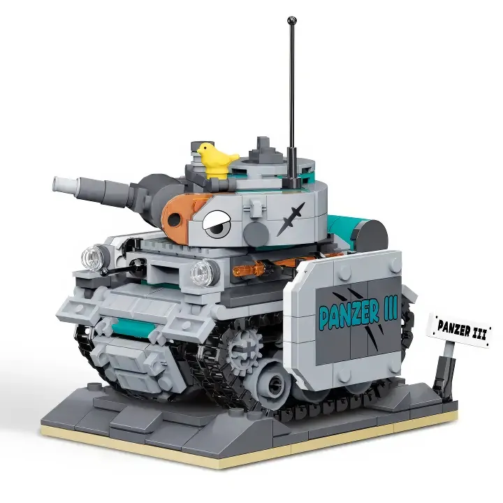 A gray brick tank with a yellow bird on top and a sign that says "Panzer III".
