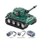 A green toy tank with a black cross and three additional components: two engines, a signal receiver, and a battery box.