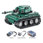 A green toy tank with a black cross and additional parts, including two engines, one signal receiver, and one battery box.