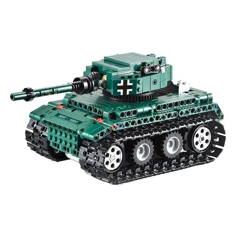 A green toy tank with black treads, a long barrel, and a white cross on the side.