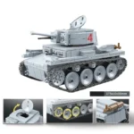 A gray toy tank with a red number 4 on the side and a black tread is displayed.