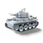 A gray toy tank with a number 4 on its side, featuring a rotating turret and multiple wheels.