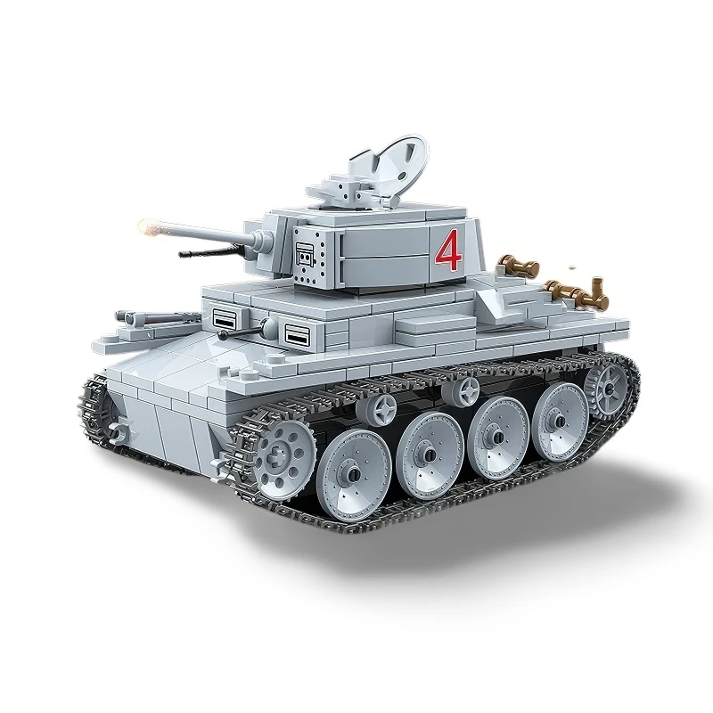 A gray toy tank with a number 4 on its side, featuring a rotating turret and multiple wheels.