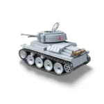 A gray toy tank with a red number 4 on the turret and a brown cylinder on the front.