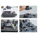Four images show assembly steps of a gray toy tank with a long gun.