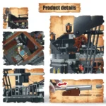 A toy pirate ship with multiple sections, including a cannon, a cabin, and a deck.
