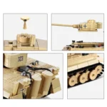 Four images show a tan toy tank with a black cross symbol.
