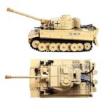 Two views of a tan toy tank are displayed, one from the side and one from above.