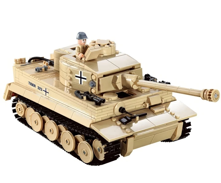 A tan toy tank with a figure in the turret and the word "TIGER 323" printed on the side.