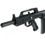A black toy gun made of building blocks is shown.