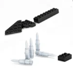 Black building blocks and five silver toy bullets are displayed.