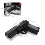 A black toy gun made of building blocks with a box and some toy bullets is displayed.